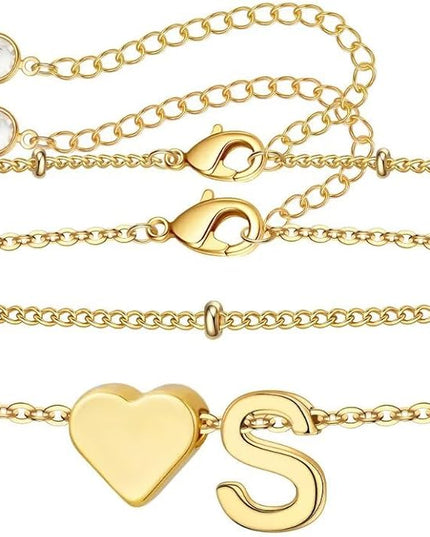M MOOHAM Valentines Day Gifts for Kids Teen Girls -14K-Gold-Plated Heart Initial A-Z Bracelets for Women Girl Dainty Gold Bracelets Birthday Valentines Gifts for Women Her Teenage Girls Kid Teen Gift