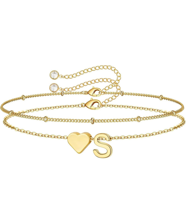 M MOOHAM Valentines Day Gifts for Kids Teen Girls -14K-Gold-Plated Heart Initial A-Z Bracelets for Women Girl Dainty Gold Bracelets Birthday Valentines Gifts for Women Her Teenage Girls Kid Teen Gift