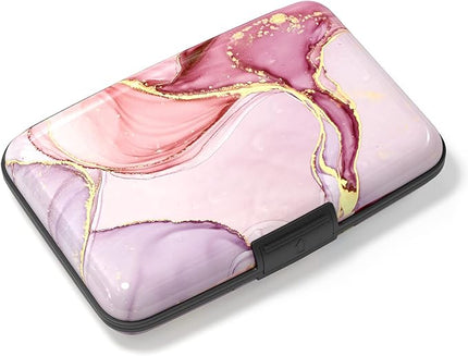 Atufsuat Credit Card Holder, Mini Aluminum Card Wallet RFID Blocking Slim Metal Hard Card Case for Women Men, Pink Marble