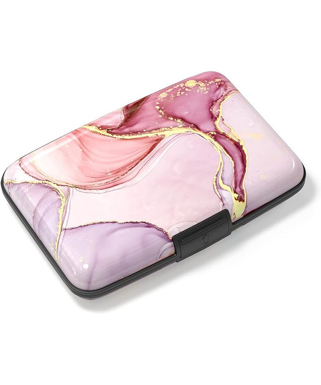 Atufsuat Credit Card Holder, Mini Aluminum Card Wallet RFID Blocking Slim Metal Hard Card Case for Women Men, Pink Marble