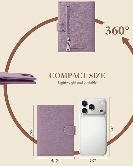 Genuine Leather Passport Holder for Women Men, Hidden Airtag Pocket, RFID Blocking, Zippered Coins Pocket & Cash Compartment Travel Gifts Essentials Passport Cover Case - Purple
