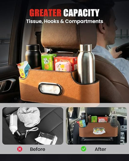 3-in-1 Back Seat Car Organizer, Car Seat Back Storage Box with Dual Cup Holders, Tissue Box, Trash Bin and Hooks, Multifunctional Back Seat Car Organizer for Travel and Daily Driving (Red)