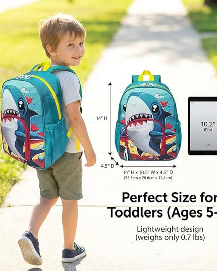 Kids Backpack for Boys and Girls, Kindergarten School Bag with Chest Strap (Blue Shark, 14 Inch)