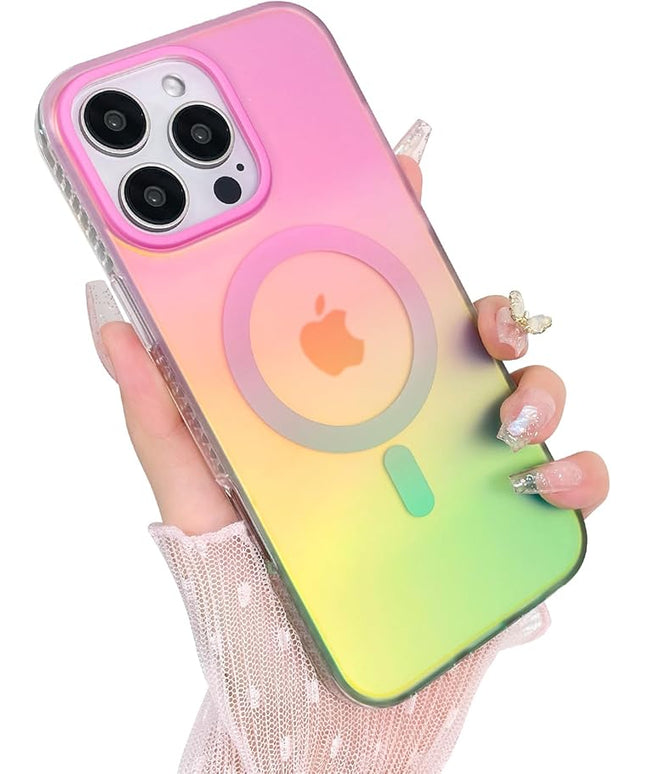Aesthetic Case for iPhone 16 Pro Case for Women Girls, Compatible with Magsafe, Cute Girly Trendy Glitter Sparkly Rainbow Magnetic Protective Phone Cover, Matte Iridescent Pink & Green