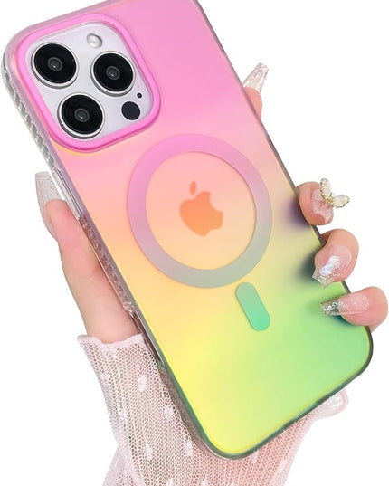 Aesthetic Case for iPhone 16 Pro Max Case for Women Girls, Compatible with Magsafe, Cute Girly Trendy Glitter Sparkly Rainbow Magnetic Protective Phone Cover, Matte Iridescent Pink & Green