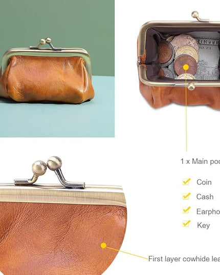 Plinvo Mini Genuine Leather Coin Purse for Women Vintage Kiss Lock Change Organizer Blue (Brown)