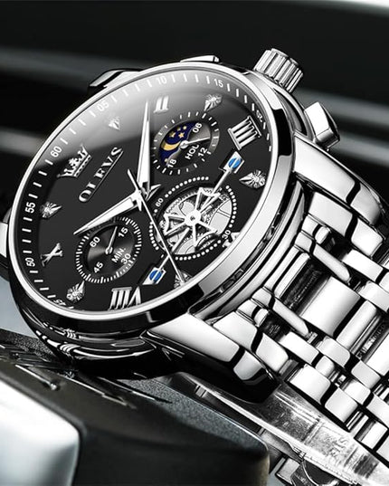 OLEVS Mens Watches Chronograph Watch Luxury Dress Stainless Steel Waterproof Watches for Men Moon Phase Luminous Business Calendar Wrist Watch Blue/Black/Green/Gold/Face