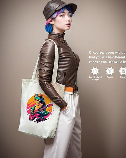 Tote Bag for Women, Reusable Zippered Canvas Bag with Handles Pocket Thick Canvas, for Grocery Shopping Beach Gift