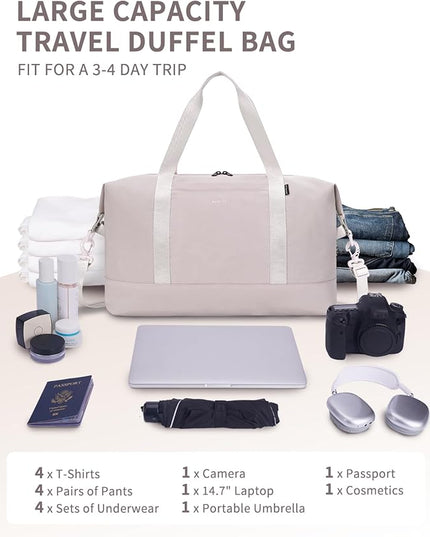 ECOHUB Travel Duffel Bag, Water Resistant Weekender Bag Carry On Bags for Women, Sport Gym Bags for Men, Hospital Bag for Labor and Delivery, Overnight Bag Luggage Bag with Trolley Sleeve, 30L Beige