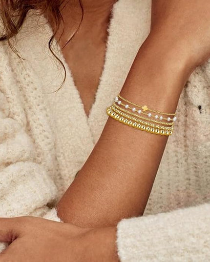 Gold Beaded Bracelets for Women, 14K Real Gold Plated Jewelry for Women Dainty Pearl Bead Bracelets Stack, Non Tarnish Trendy Stackable Ball Cross Stretch Bracelet Set Fashion Accessories Gifts
