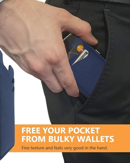 Puxnoin Leather Phone Wallet, Stretchy Card Holder for Back of Phone Case - 2Pack Navy Blue