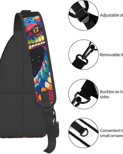 Animal Face Sling Bag Crossbody Bags Chest Bag Backpack for Travel Running and Hiking for Men Women Colorful Snake