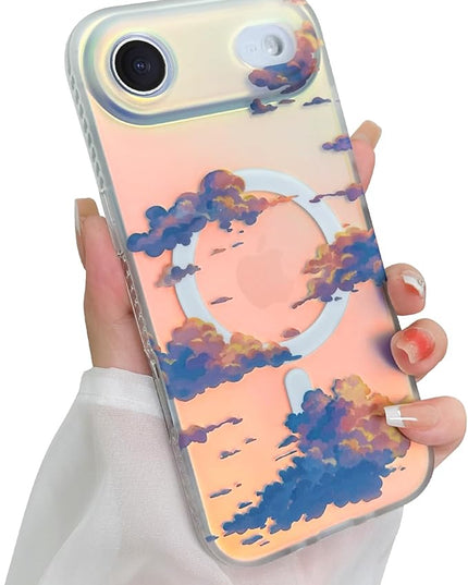 Cute Case for iPhone Air Case for Women Girls [ Compatible with Magsafe ] Aesthetic Cloud Pattern Design, Girly Glitter Sparkly Bling Protective Phone Cover, Iridescent Sun Set Sky