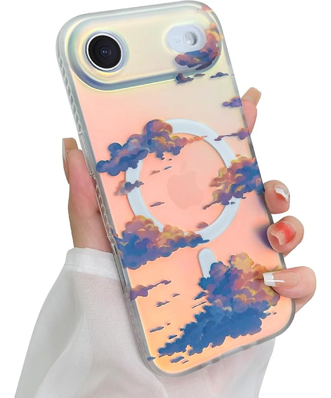 Cute Case for iPhone Air Case for Women Girls [ Compatible with Magsafe ] Aesthetic Cloud Pattern Design, Girly Glitter Sparkly Bling Protective Phone Cover, Iridescent Sun Set Sky