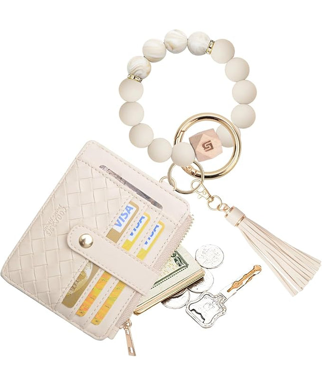 COOLANS Silicone Bracelet Wristlet Wallet Credit Card Holder RFID,ID Window,Key Ring Tassel,Slim Wallet Women Keychain Purse