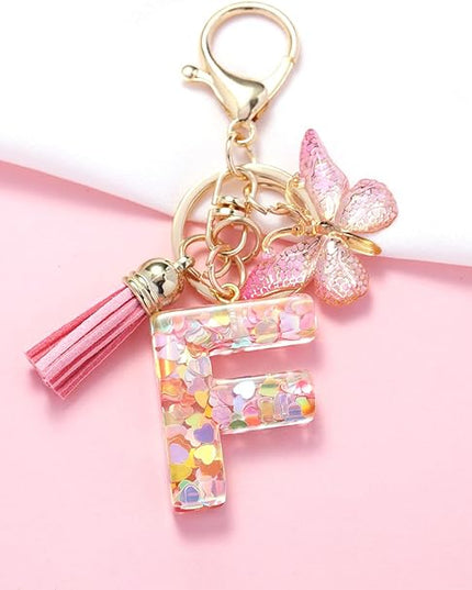 Fashion Alphabet Initial Letter Keychain Tassel Butterfly Pendant Key Ring for Purse Handbags Women Girl