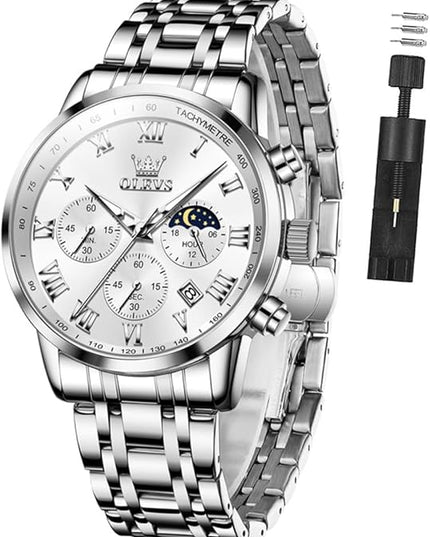 OLEVS Mens Watch Luxury Big Face Stainless Steel Analog Quartz Multifunctional Waterproof Luminous Date Two Tone Fashion Dress Wrist Watches for Man