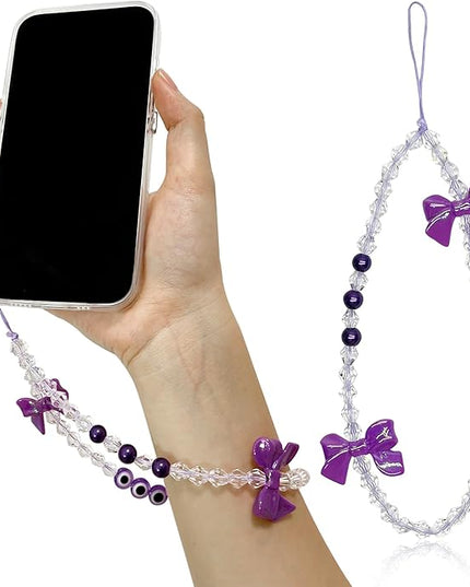 Handmade Evil Eye Phone Charm Strap – Purple Beaded Phone Chain with Pearl & Bow Pendant, Cute Wrist Strap Phone Lanyard for Women Girls