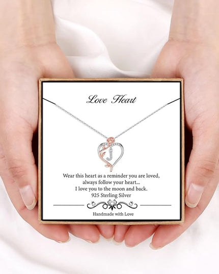 Iefil Christmas Gifts for Women Wife - 925 Sterling Silver Rose Heart Initial Necklace, Anniversary Birthday Gifts for Women, Jewelry Gift for Her Wife Girlfriend Mom Daughter