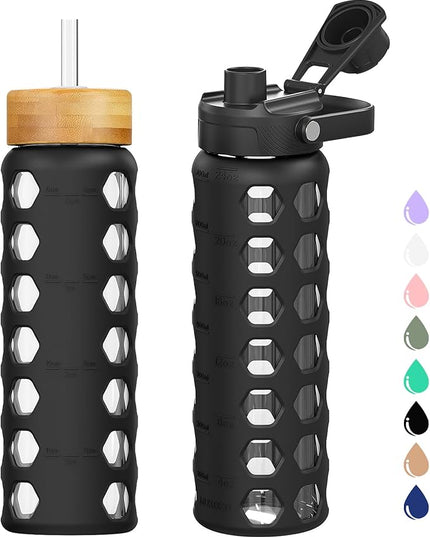 MUKOKO Glass Water Bottles, 24oz Glass Tumbler with Straw, Drinking Bottles with 2 Lids-Handle Spout Lid&Bamboo Straw Lid, Motivational Water Bottle with Time Marker and Silicone Sleeve, 1 Pack-Black