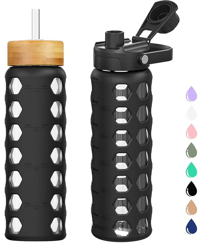 MUKOKO Glass Water Bottles, 24oz Glass Tumbler with Straw, Drinking Bottles with 2 Lids-Handle Spout Lid&Bamboo Straw Lid, Motivational Water Bottle with Time Marker and Silicone Sleeve, 1 Pack-Black