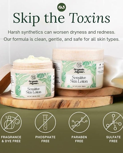 Organic Jaguar Natural Body Lotion for Sensitive Skin, Scent Free, Sulfate & Paraben Free Body Care, Moisturizer With Essential Oils, Vitamin E Oil, Beeswax, Extra Virgin Olive Oil, Raw Honey, 8 oz