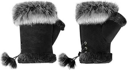 SATINIOR Women Fur Fingerless Gloves Winter Rabbit Fur Lined Half Finger Mittens for Women Girls Teen Working Writing