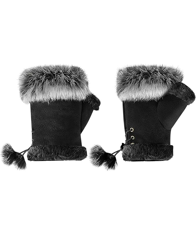 SATINIOR Women Fur Fingerless Gloves Winter Rabbit Fur Lined Half Finger Mittens for Women Girls Teen Working Writing