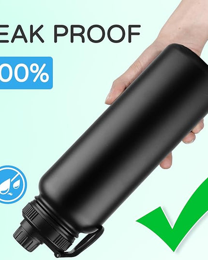 DOMICARE 40 oz Insulated Water Bottle, Vacuum Insulated Stainless Steel Sports Water Bottle with Straw Lid & Spout Lid, Leakproof, Reusable - Travel, Camping, Bike, Black