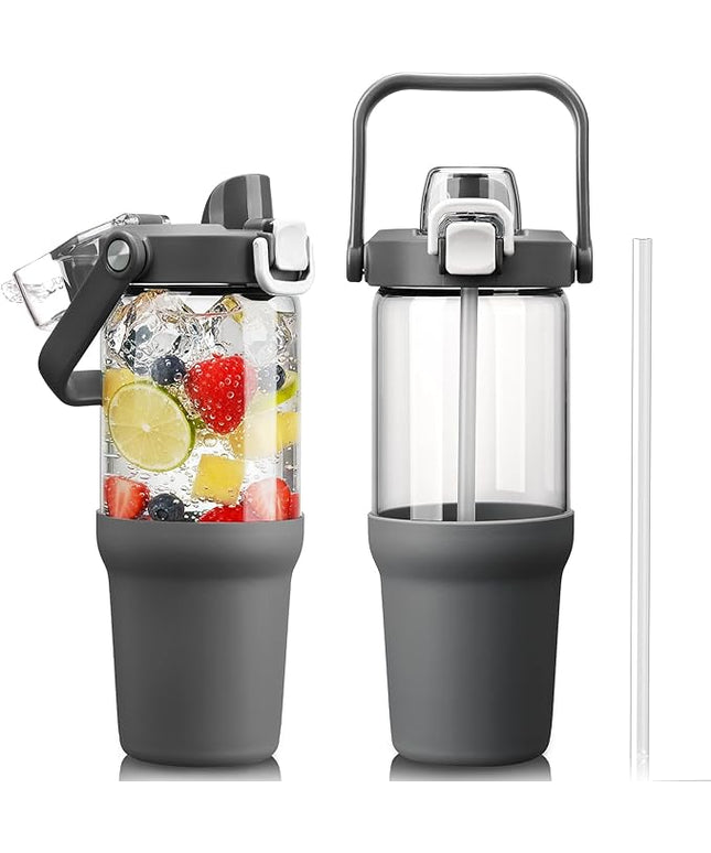 Glass Tumbler with Carry Handle, Clear Glass Water Bottle with Leakproof Lid, Spout Lid&Straw, BPA-Free, 32 oz, Grey