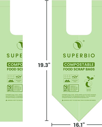 SUPERBIO 1.6 Gallon Handle Tie Compostable Food Scrap Bags, Small Compost Bags with Handles, 50 Count, 2 Pack, BPI & OK compost INDUSTRIAL