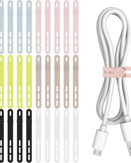 Donruby 30Pcs Silicone Cable Ties - Reusable & Washable with Adjustable Locking Buckles, High Elasticity Cable Management Straps for Home, Office, School, Travel Essential Cord Organizer (6 Colors)