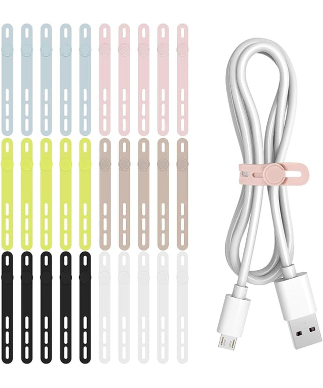 Donruby 30Pcs Silicone Cable Ties - Reusable & Washable with Adjustable Locking Buckles, High Elasticity Cable Management Straps for Home, Office, School, Travel Essential Cord Organizer (6 Colors)