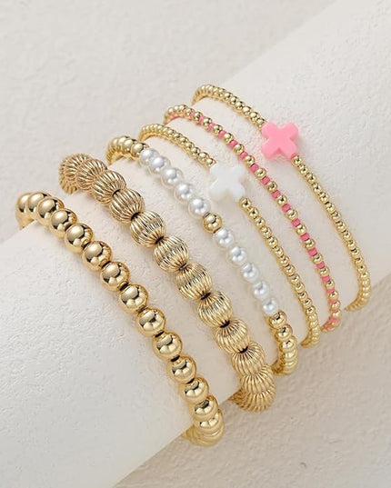 Gold Beaded Bracelets for Women, 14K Real Gold Plated Jewelry for Women Dainty Pearl Bead Bracelets Stack, Non Tarnish Trendy Stackable Ball Cross Stretch Bracelet Set Fashion Accessories Gifts