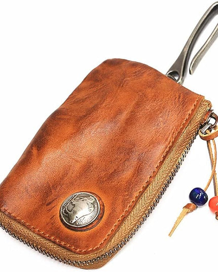 Wugebud 1 Pcs Leather Mini Medieval Pouch Keychain, Coin Organizer, Change Holder, Leather zipper Pouch for Men & Women