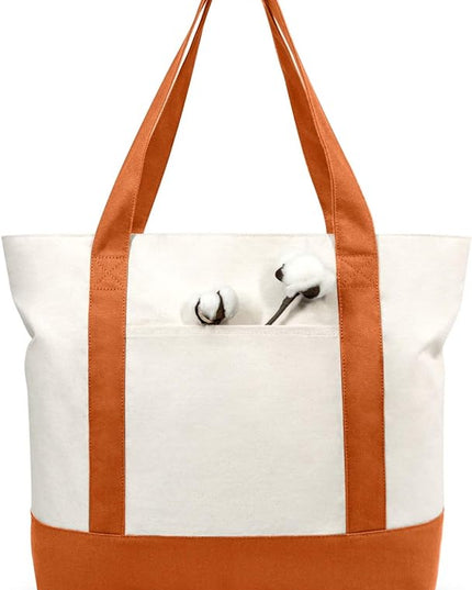 TOPDesign 3-Pack Canvas Tote Bags with an External Pocket, Reusable Grocery Shopping Bags, Top Zipper Closure, Daily Essentials (Orange/Natural)