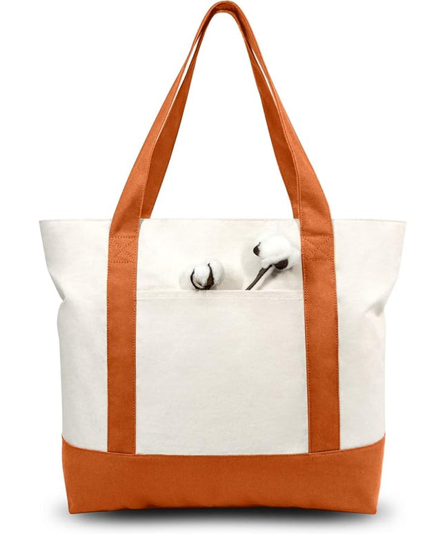 TOPDesign 3-Pack Canvas Tote Bags with an External Pocket, Reusable Grocery Shopping Bags, Top Zipper Closure, Daily Essentials (Orange/Natural)