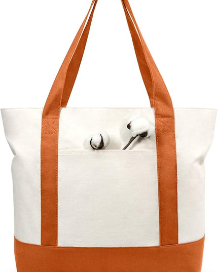 TOPDesign 6-Pack Canvas Tote Bags with an External Pocket, Reusable Grocery Shopping Bags, Top Zipper Closure, Daily Essentials (Orange/Natural)