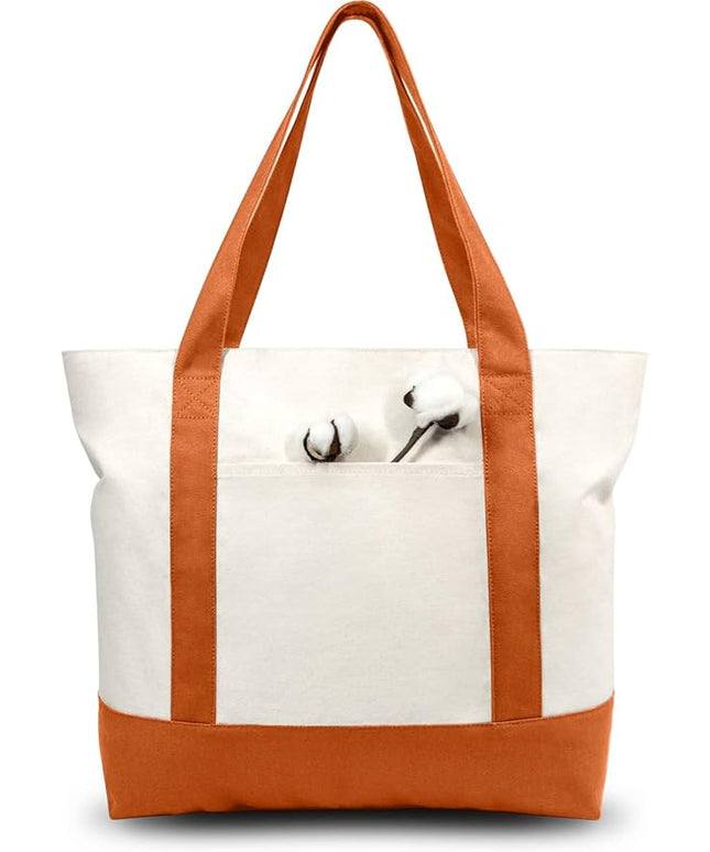 TOPDesign 1-Pack Canvas Tote Bag with an External Pocket, Reusable Grocery Shopping Bag, Top Zipper Closure, Daily Essentials (Orange/Natural)
