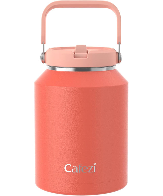64 oz Insulated Water Bottle with Flip Straw, Vacuum Insulated Stainless Steel Jug with Top Handle, Leak-Proof Lid, Sweat-Free, Wide Mouth, Keeps Ice Cold up to 34 Hours
