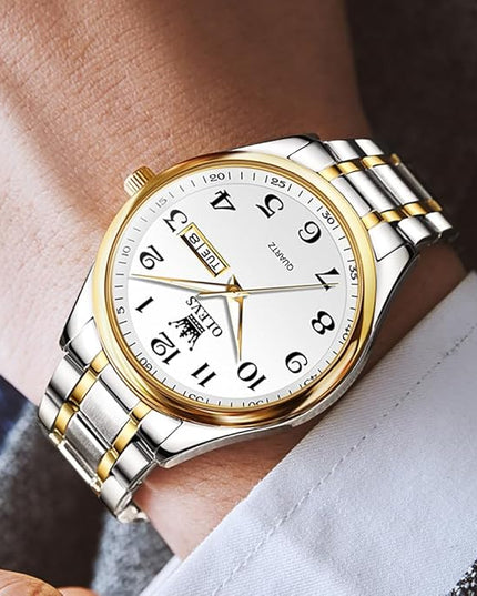 OLEVS Watches for Men Brown Leather Gold Case Analog Quartz Fashion Business Dress Watch Day Date Luminous Waterproof Casual Male Wrist Watches