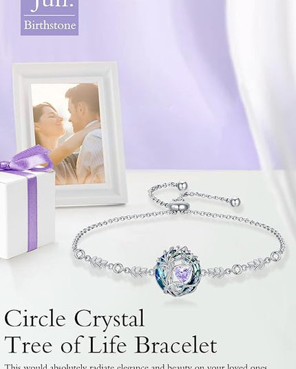 TOUPOP Tree of Life Birthstone Bracelet 925 Sterling Silver Family Tree Austrian Crystal Jewelry Anniversary Birthday Christmas Gifts for Women Wife Girlfriend Her