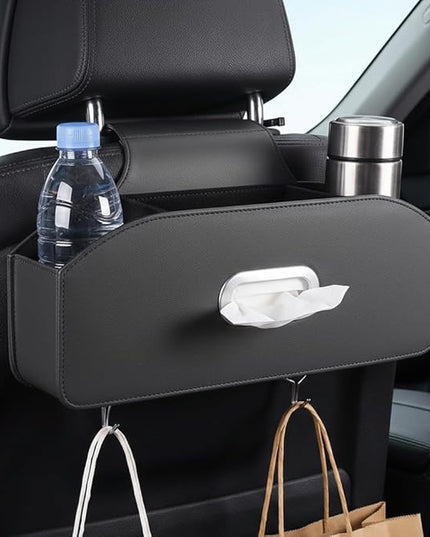 Car Seat Back Organizer with Tissue Box, Multifunctional Backseat Organizer for Car Interior Storage, Seat Back Storage Organizer for Phone, Drinks, Snacks & Handbags (Black)