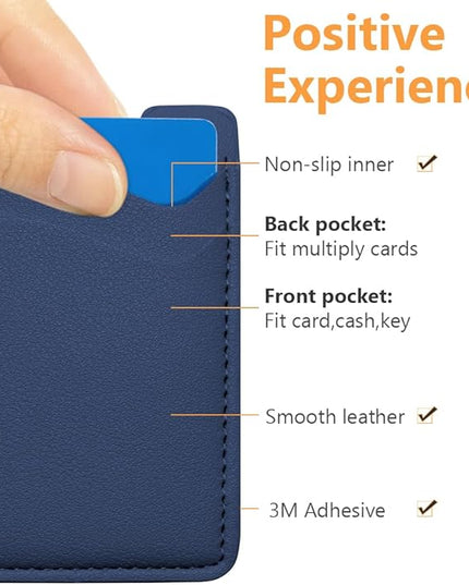 Puxnoin Leather Phone Wallet, Stretchy Card Holder for Back of Phone Case - 2Pack Navy Blue