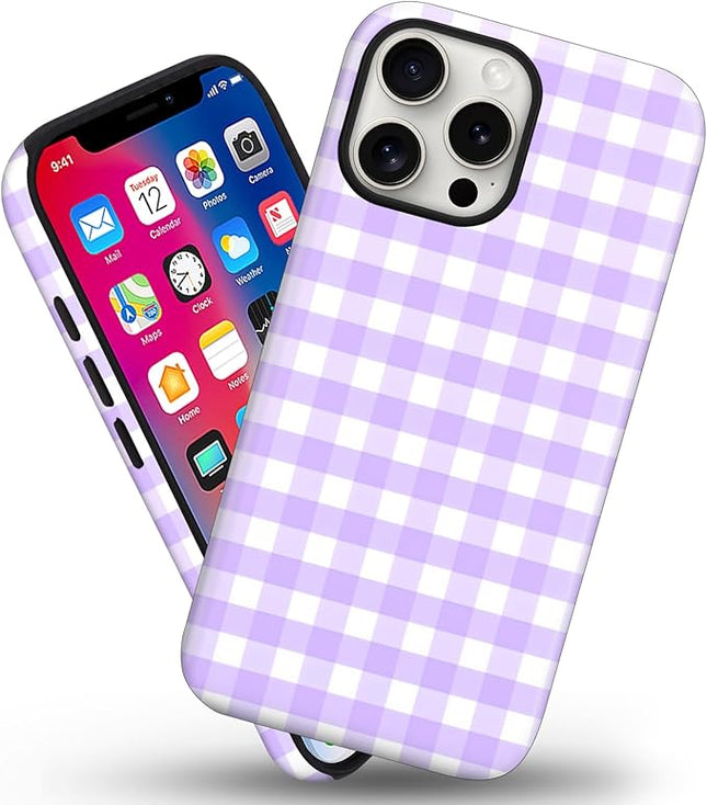 Magnetic for iPhone 15 Pro Case Cute Checkered Stripes Phone Case for Women Girls, Shockproof Slim TPU and Hard PC Protective Phone Cover Compatible with MagSafe Designed, Purple