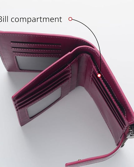 Bveyzi Women's Small Leather RFID Blocking Bifold Zipper Pocket Wallet Ladies Credit Card Slots Purse with id Window