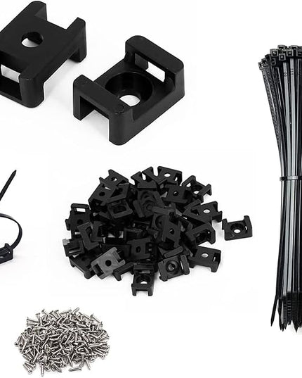 Cable Zip Tie Mounts Kit - 240 Set Wire Cable Clips Organizer Holders with 8" Cable Ties, Saddle Type Mounts Base and Tapping Screw, Black