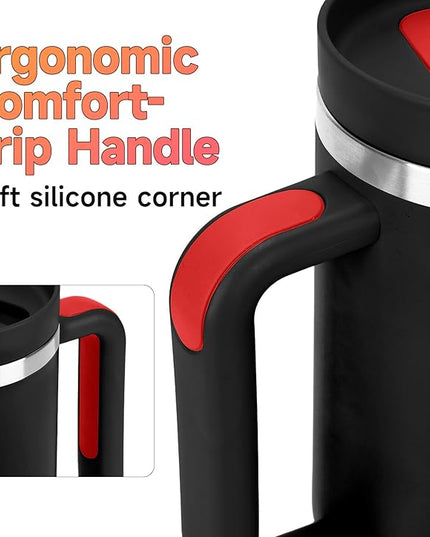 40oz Tumbler with Handle and Straw Spout 2-in-1 Lid, Spill Leak Proof Insulated Travel Cup Traveler Water Mug Keep Cold Hot, Dishwasher Safe Stainless Steel Bottle Gifts for Women Men, Black Red