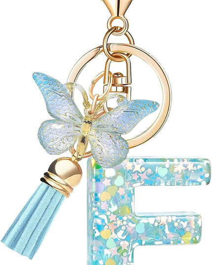Fashion Alphabet Initial Letter Keychain Tassel Butterfly Pendant Key Ring for Purse Handbags Women Girl