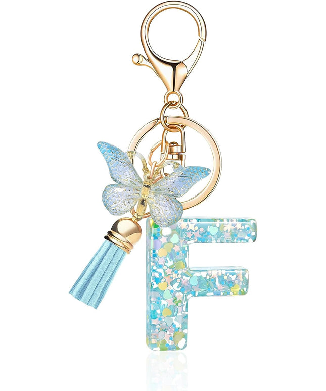 Fashion Alphabet Initial Letter Keychain Tassel Butterfly Pendant Key Ring for Purse Handbags Women Girl